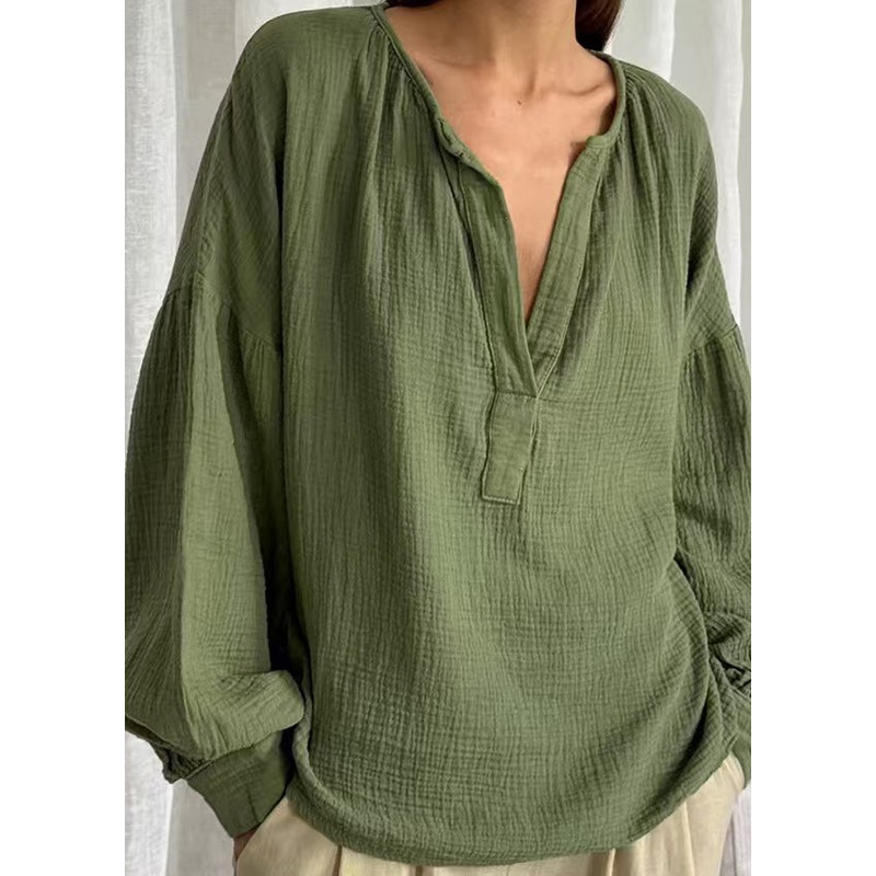 Plus Size Green V Neck Patchwork Solid Tops Fall