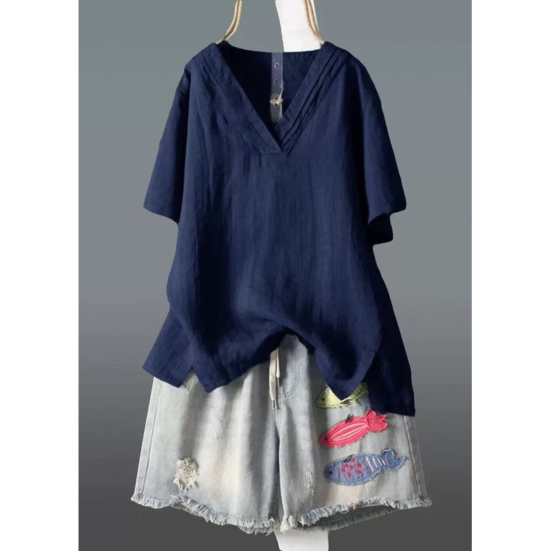 Plus Size Navy V Neck Wrinkled Linen Tank Summer