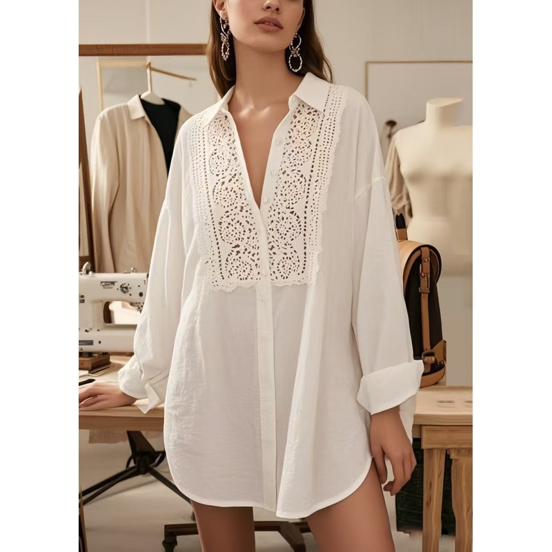 Plus Size White V Neck Hollow Out Cotton Shirts Spring