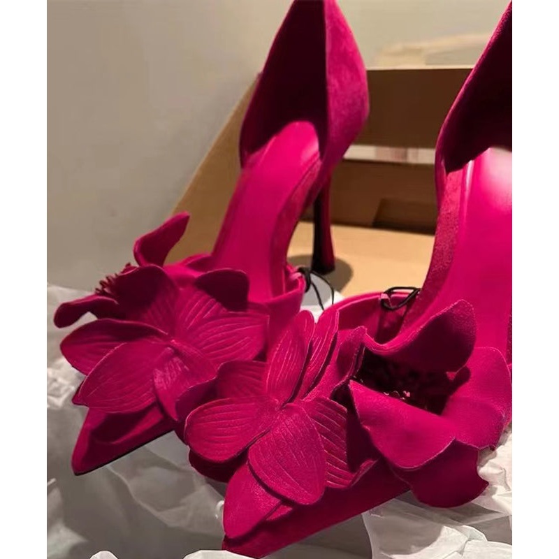 Rose Suede Floral Splicing Chic High Heels Pointed Toe