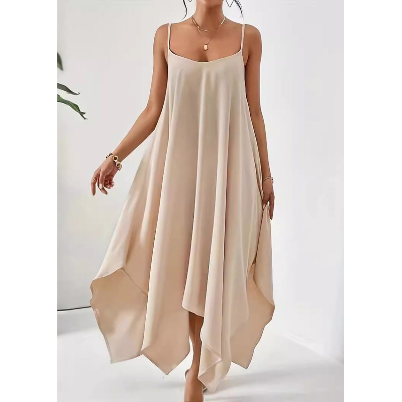 Simple Apricot Asymmetrical Solid Cotton Spaghetti Strap Dress Sleeveless