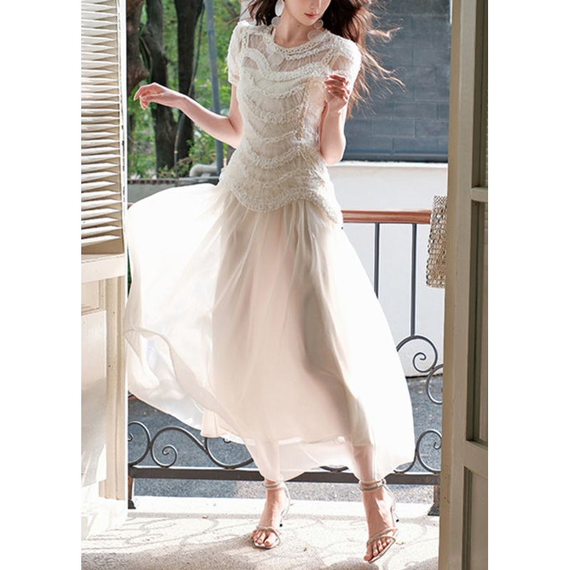 Slim Fit Beige Original Design Solid Tulle Long Dress Summer