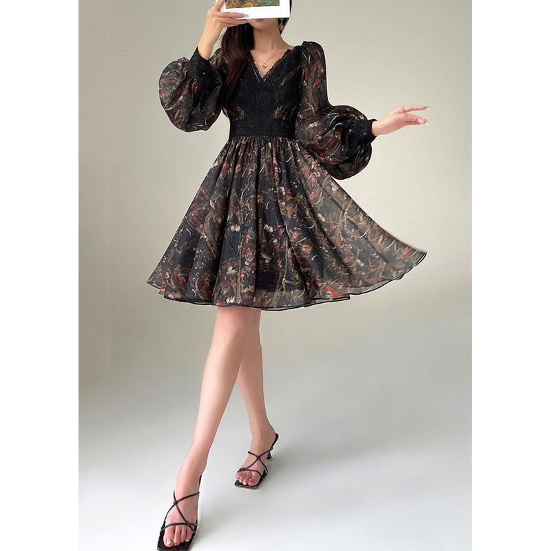 Slim Fit Black V Neck Lace Patchwork Silk Dress Spring