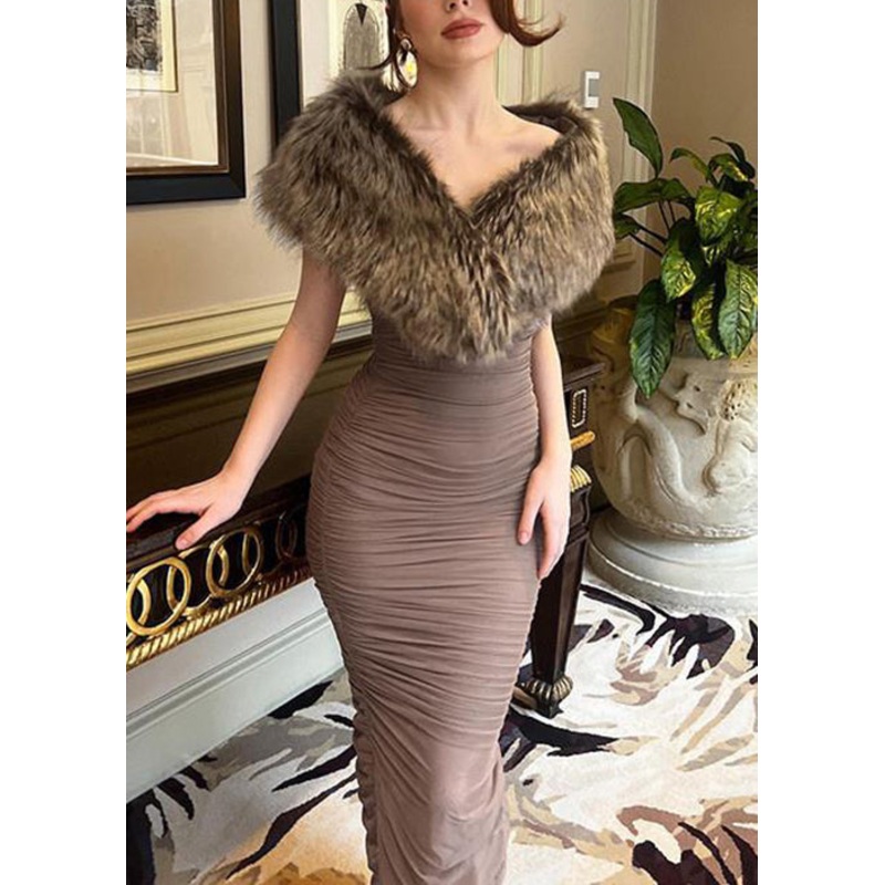 Slim Fit Brown Fur Collar Wrinkled Patchwork Cotton Long Dress Sleeveless