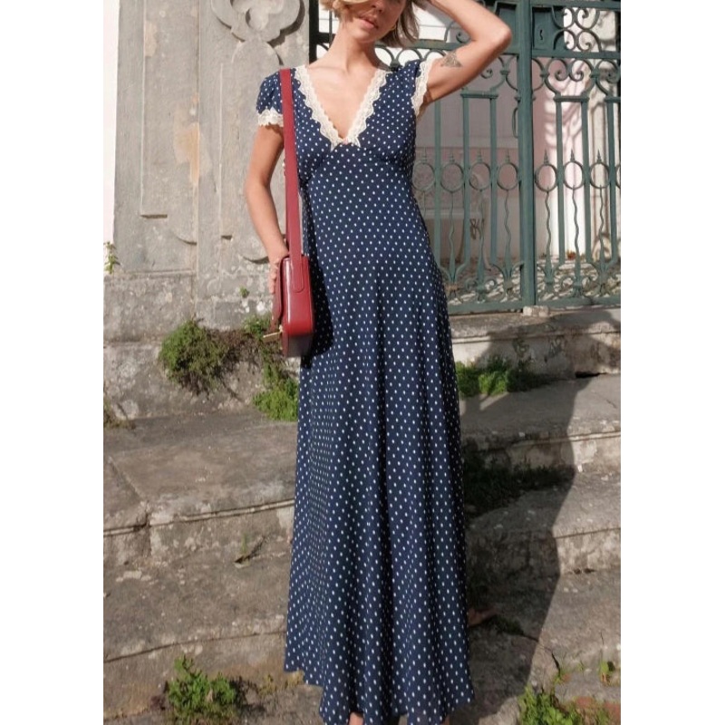 Slim Fit Navy V Neck Dot Cotton Long Dress Summer