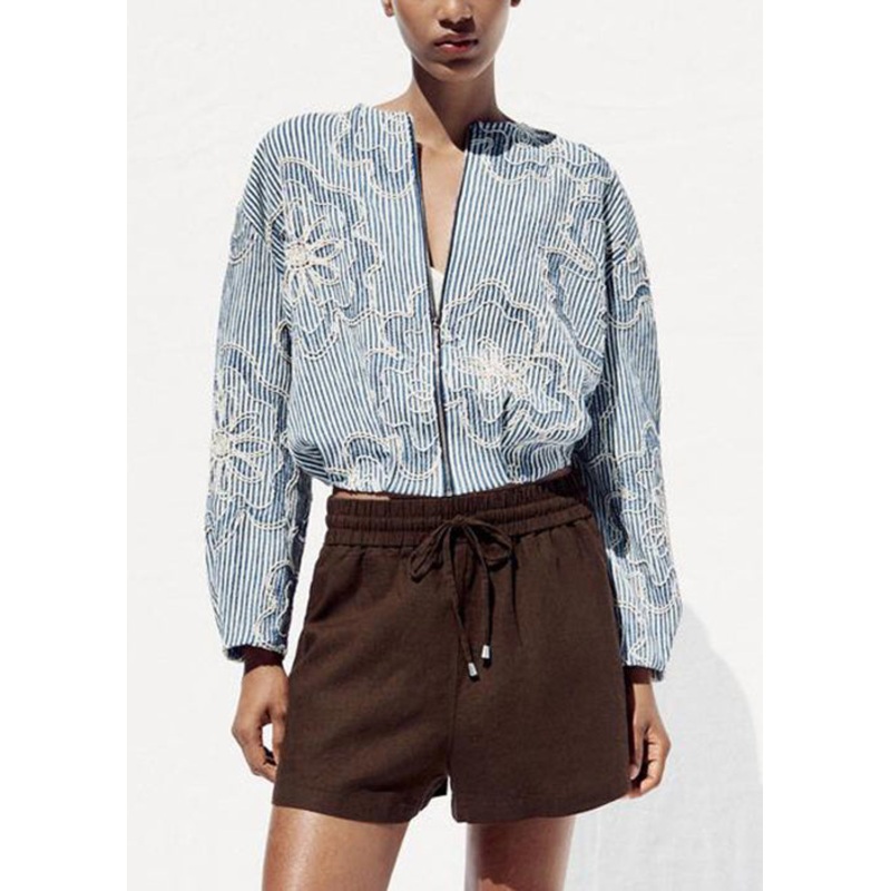 Striped Blue Zippered Original Design Cotton Coats Fall