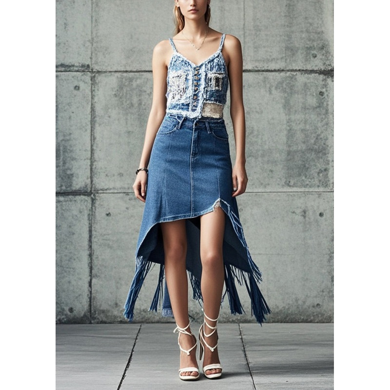 Style Blue Tasseled Asymmetrical Design Denim Skirt Spring