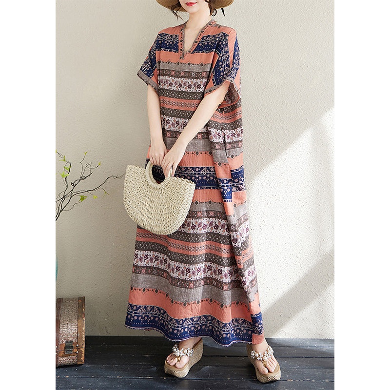 Style Orange Print Oversized Striped Cotton Long Dresses Summer
