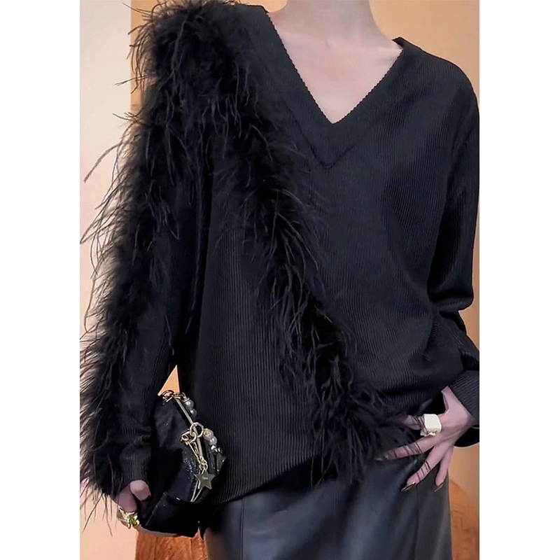 Stylish Black V Neck Patchwork Knit Sweaters Winter