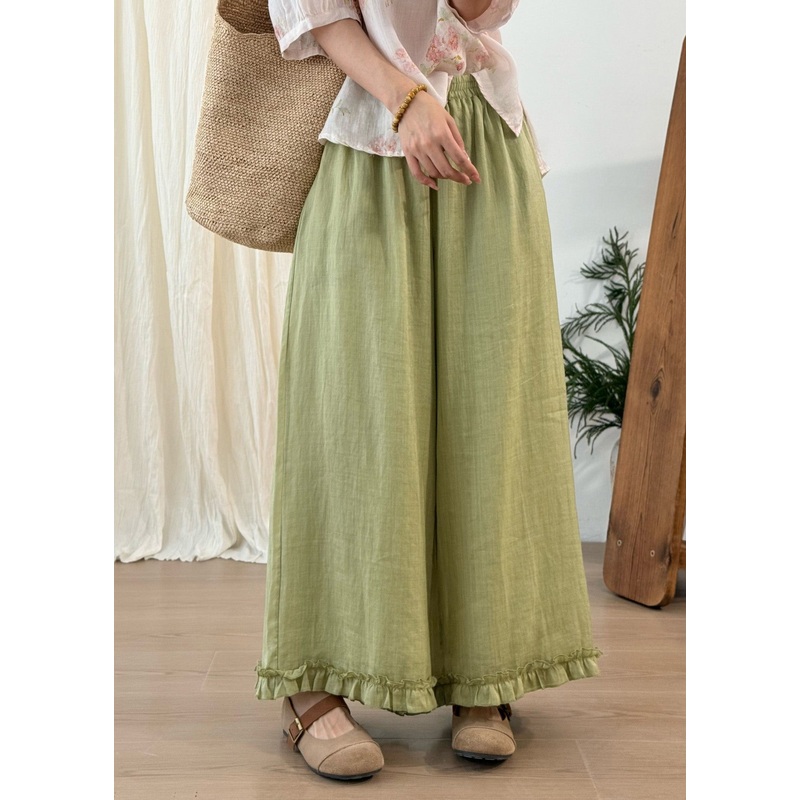 Stylish Green Ruffled Linen Wide Leg Pants Summer