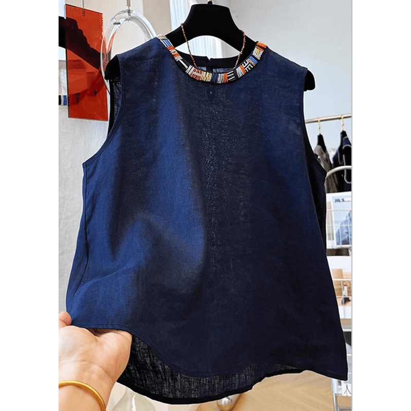 Stylish Navy O Neck Cotton Shirt Tops Sleeveless