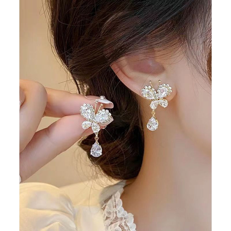 Stylish White Copper Alloy Zircon Butterfly Tassel Drop Earrings