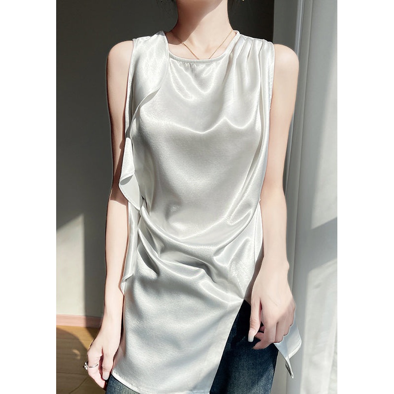 Stylish White O Neck Side Open Silk Tank Sleeveless