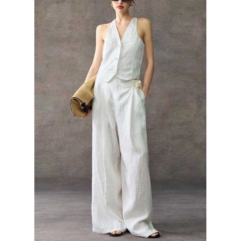 Stylish White V Neck Waistcoat And Wide Leg Pants Linen Two Piece Set Sleeveless
