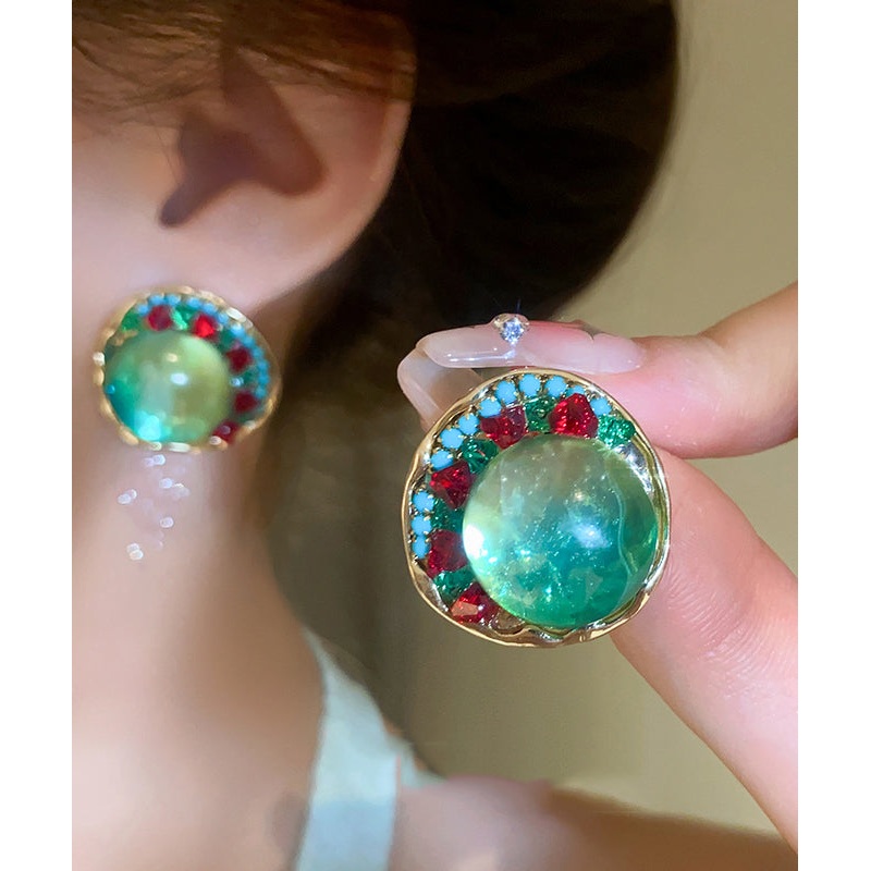 Unique Green Alloy Zircon Coloured Glaze Stud Earrings