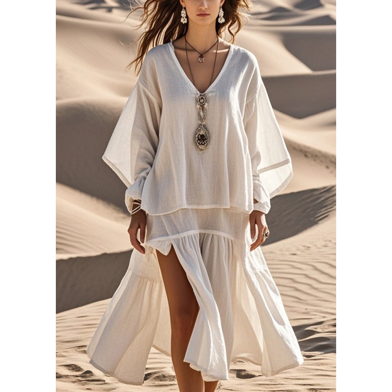 Unique White Oversized Side Open Cotton Maxi Dress Spring