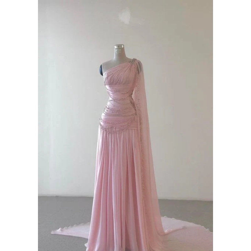 Vintage A Line One Shoulder Pink Chiffon Prom Dresses Beads Evening Dress J5712