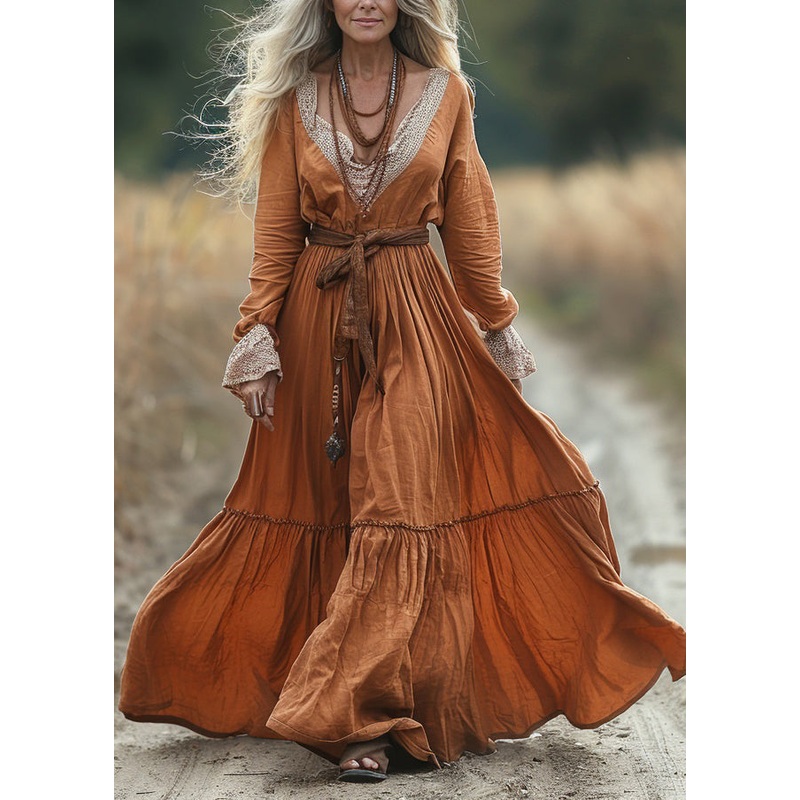 Vintage Pastoral Style V-neck Lace Patchwork Long Dress Spring