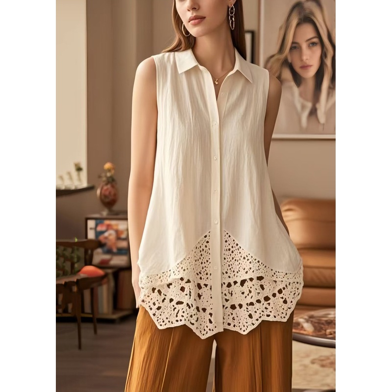 Vintage White Peter Pan Collar Patchwork Cotton Blouses Sleeveless