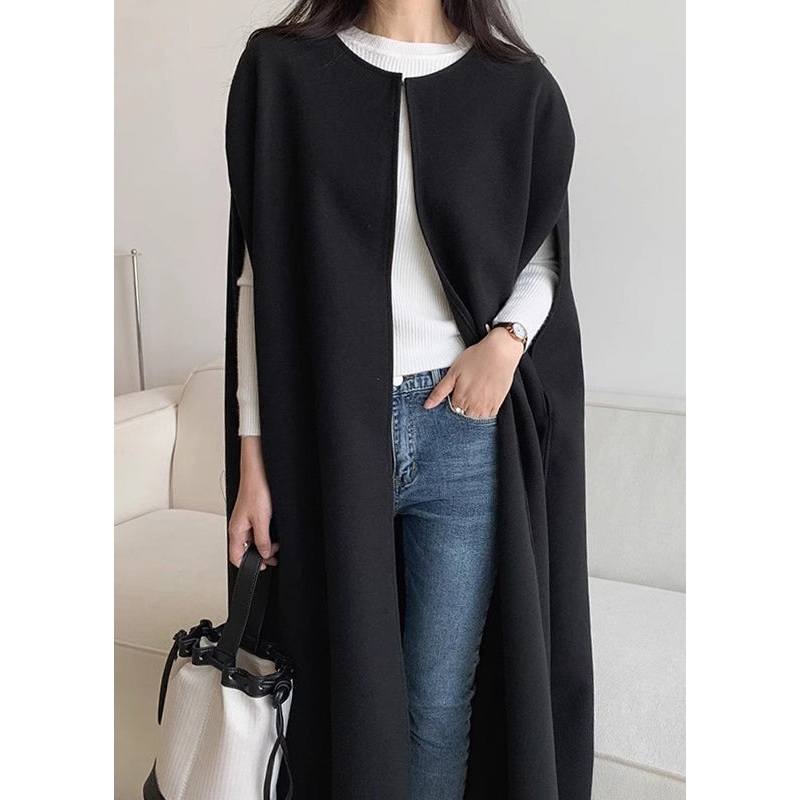 Women Black Oversized Pockets Woolen Coats Sleeveless