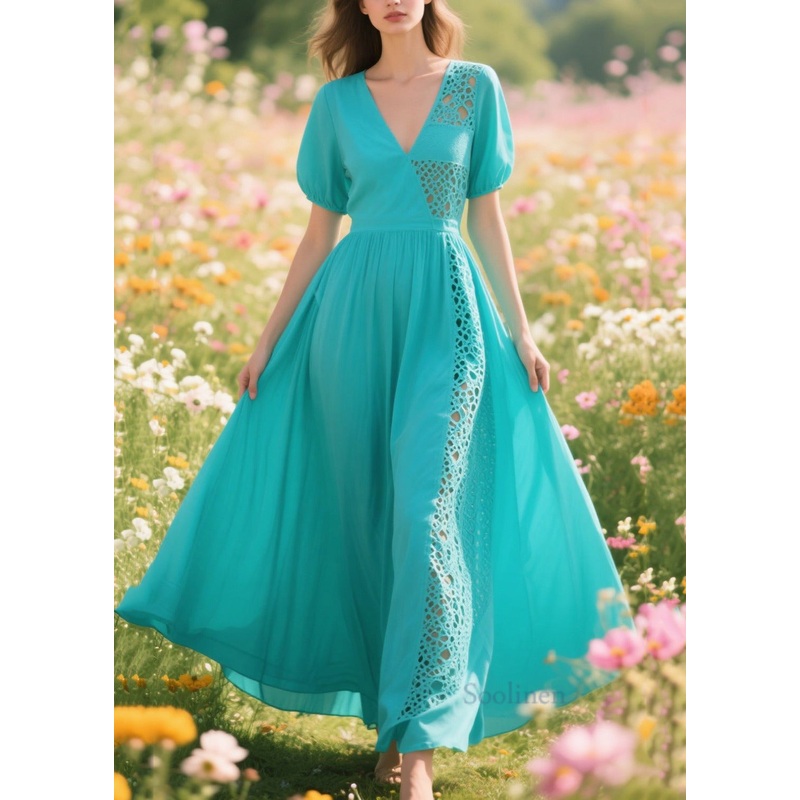 Women Blue Hollow Out Patchwork Cotton Long Dresses Summer