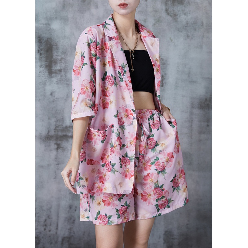 Women Pink Oversized Print Linen Two Pieces Set Summer