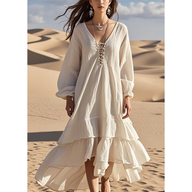 Women White Oversized Ruffles Cotton Long Dress Spring