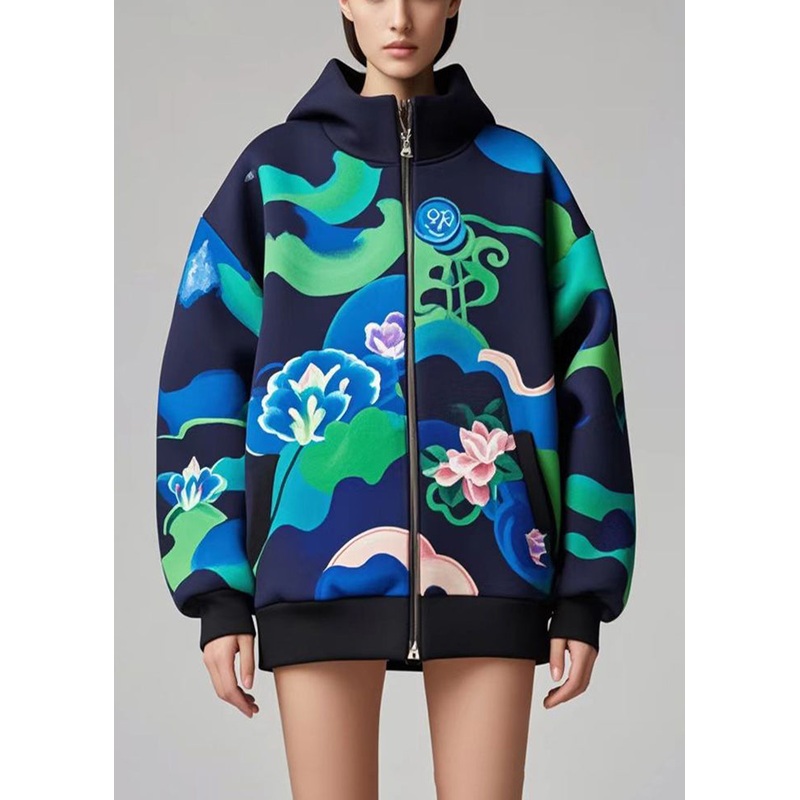 Beautiful Navy Oversized Print Cotton Hoodie Coat Fall