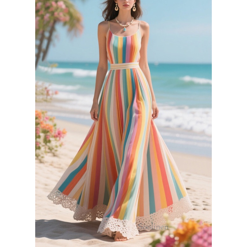 Beautiful Rainbow Striped Patchwork Lace Chiffon Cami Dresses Summer