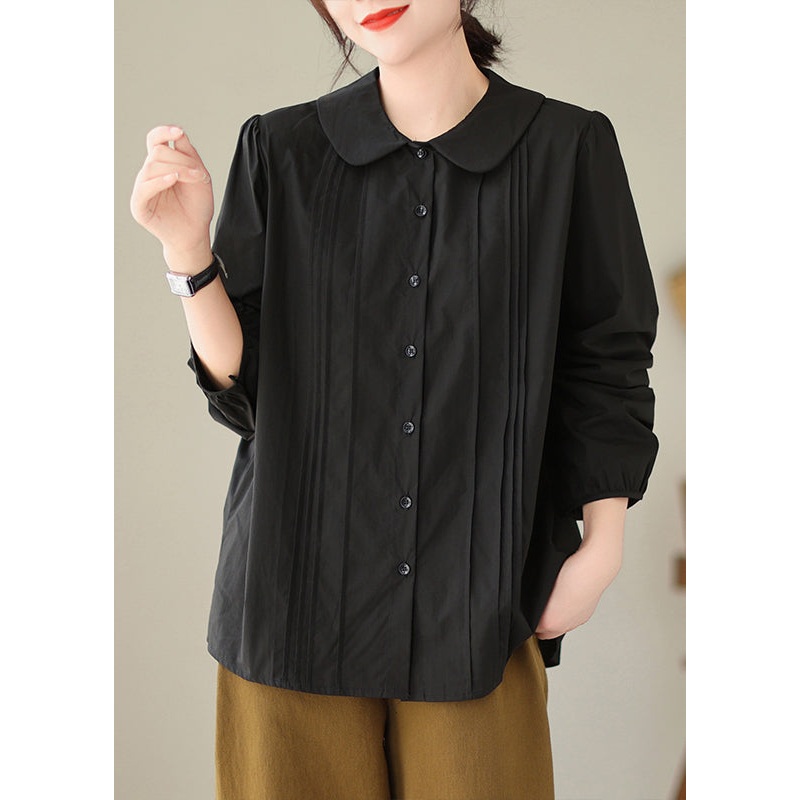 Black Loose Cotton Shirts Tops Peter Pan Collar Wrinkled Spring