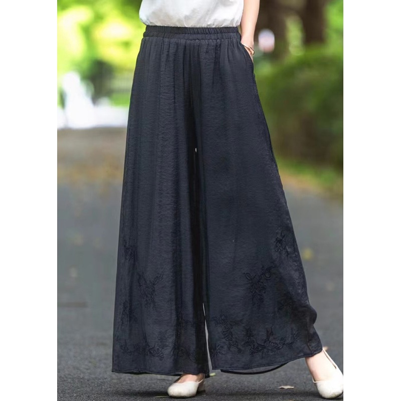 Black Pockets Elastic Waist Silk Summer Pants Embroidered