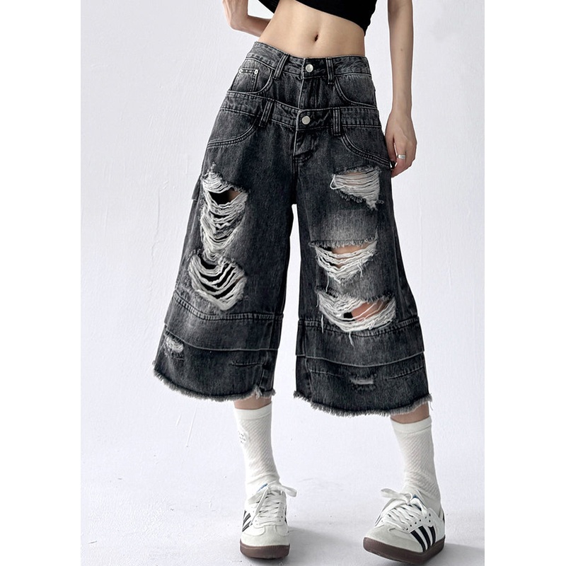 Black Pockets High Waist Denim Unique Crop Pants Hole