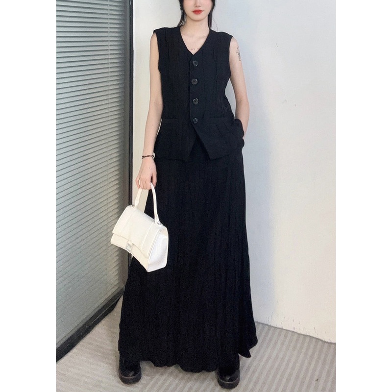 Black Waistcoat And Maxi Skirts Two Piece Set V Neck Sleeveless