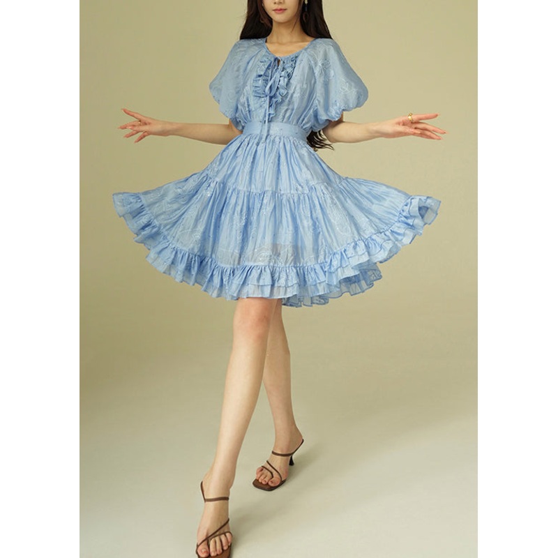 Blue Ruffled Shirts And Skirts Silk Cotton Summer Two Pieces Set Embroidered