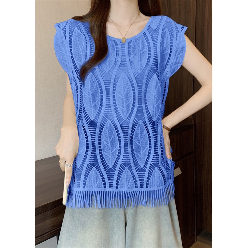 Blue Tasseled Solid Cotton Tank O-Neck Summer