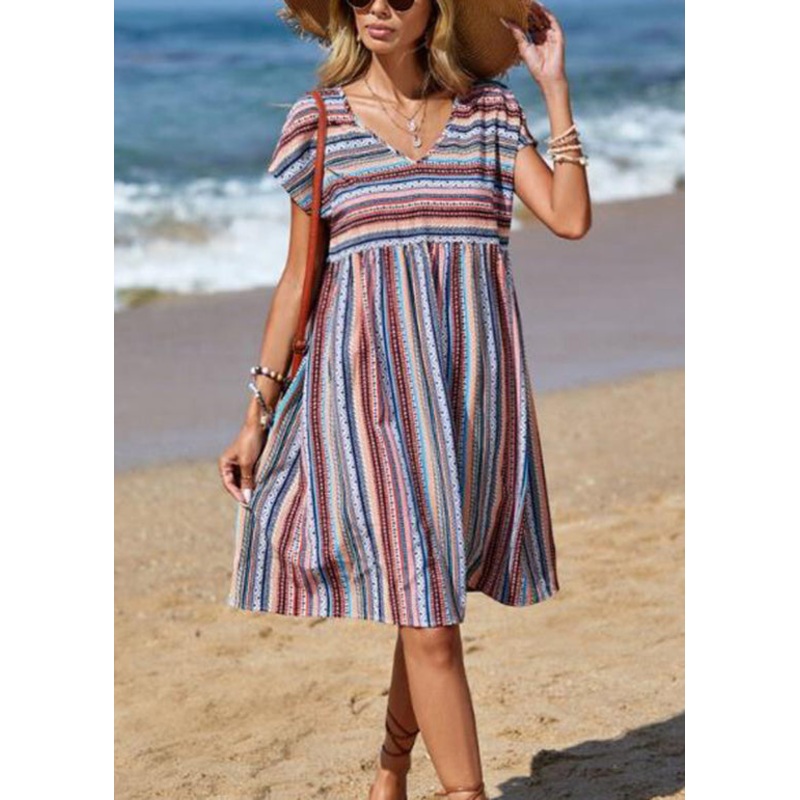 Bohemian Blue V Neck Striped Cotton Mid Dress Summer
