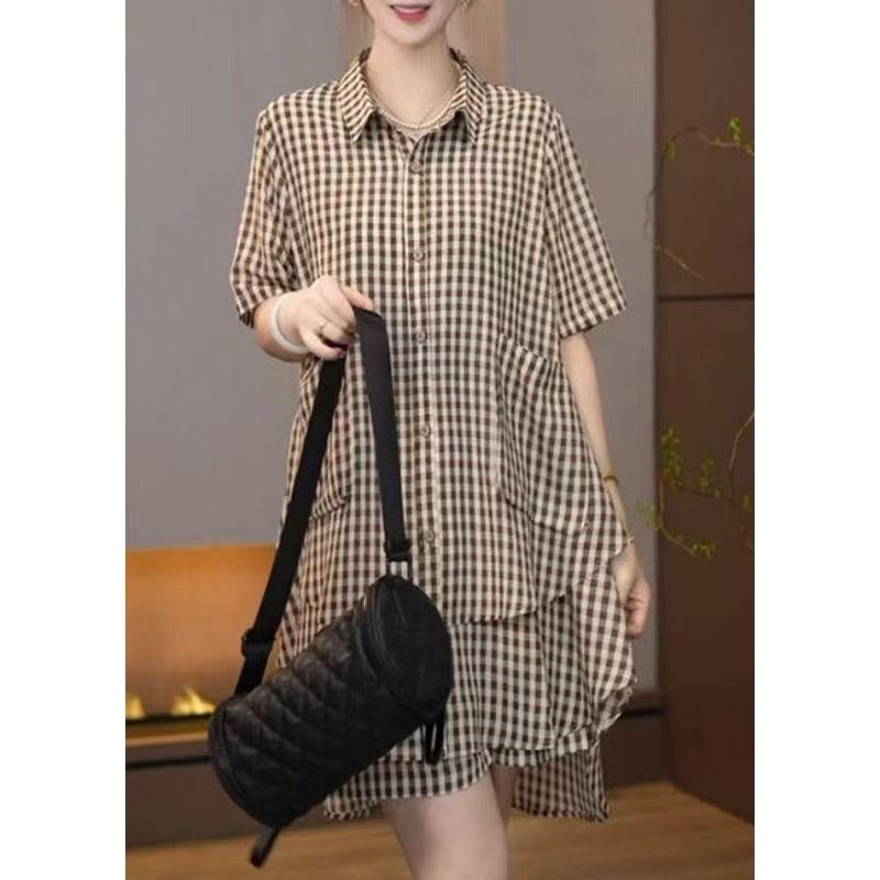 Bohemian Brown Oversized Plaid Cotton Two Pieces Set Summer