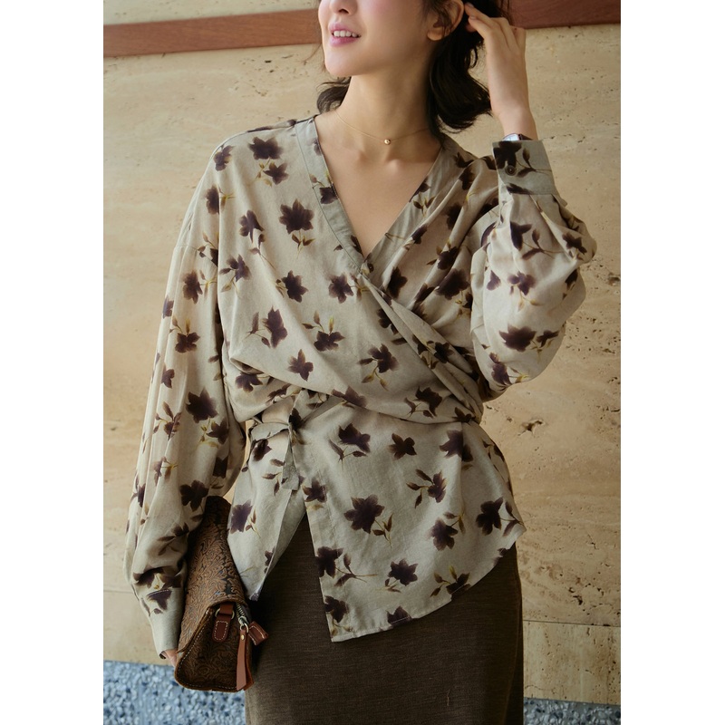 Boutique Khaki V Neck Print Asymmetrical Cotton Top Fall