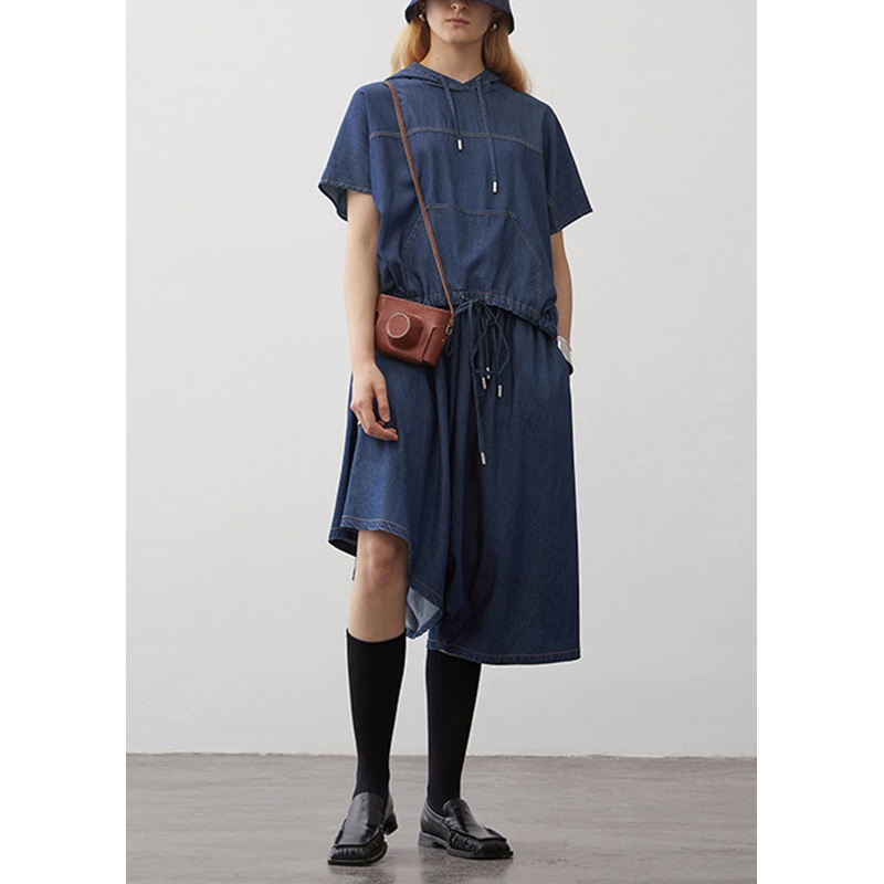 Boutique Navy Hooded Drawstring Patchwork Denim Two Pieces Set Summer