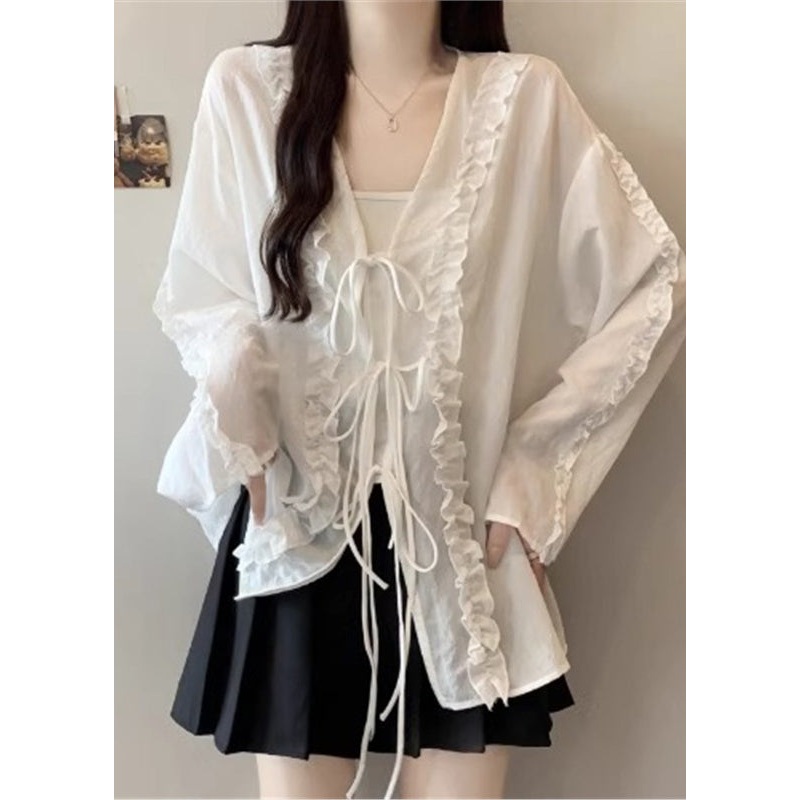 Boutique White Ruffled Lace Up Cotton Tops Fall