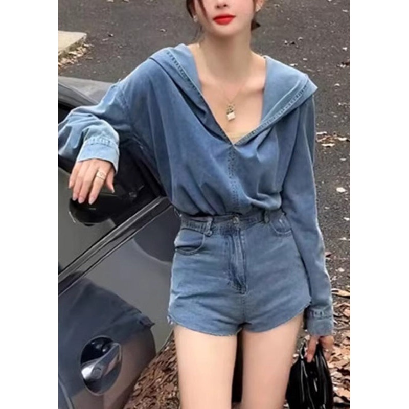 Casual Blue Denim Hooded Top And Shorts Two Pieces Set Spring