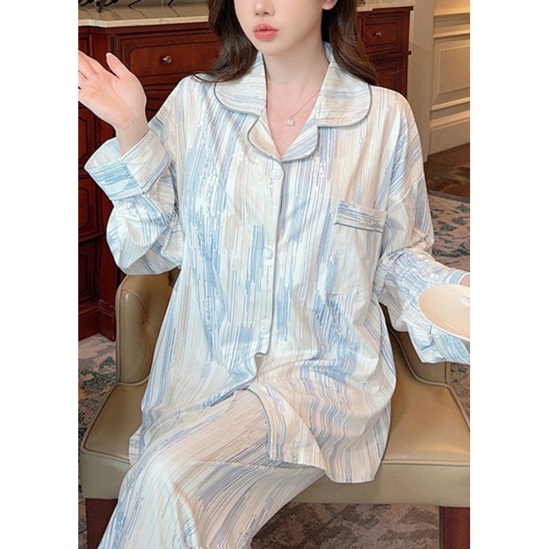 Casual Striped Peter Pan Collar Button Cotton Pajamas Two Pieces Set Spring