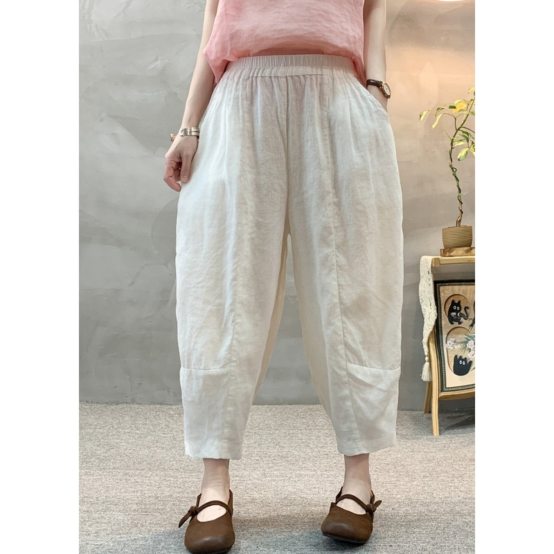 Casual White Elastic Waist Linen Harem Pants Summer