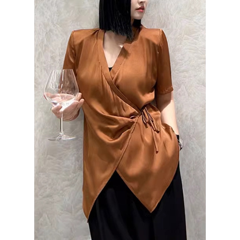Chic Caramel V Neck Tie Waist Shirt Short Sleeve