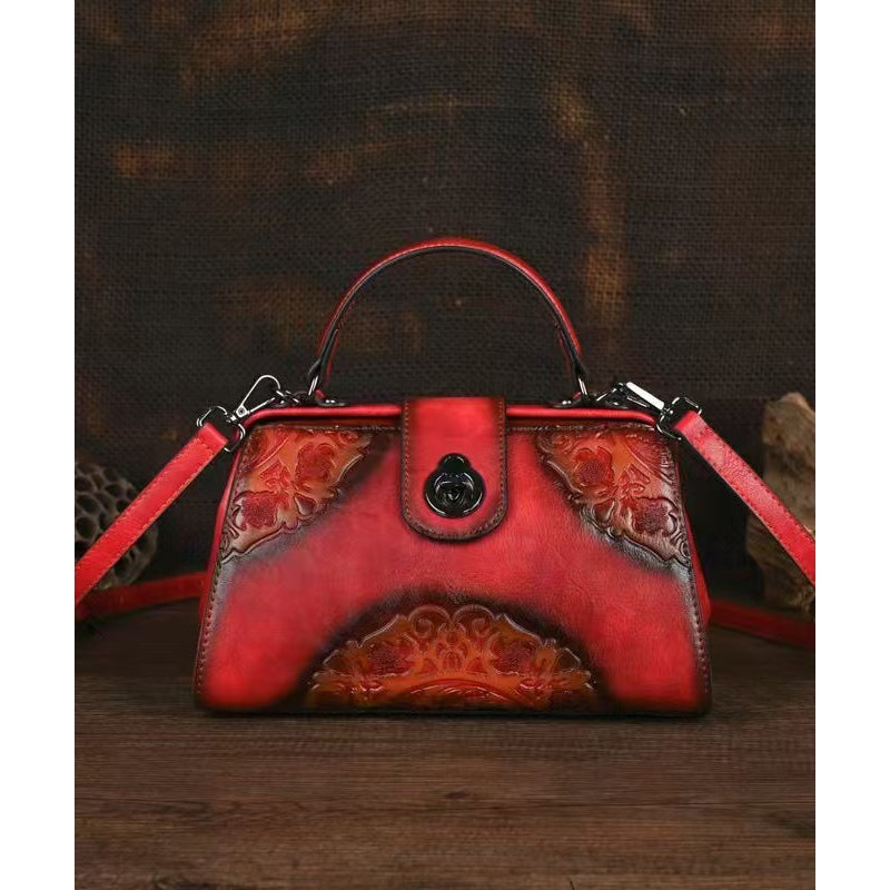Chinese Style Red Embossed Durable Calf Leather Messenger Bag