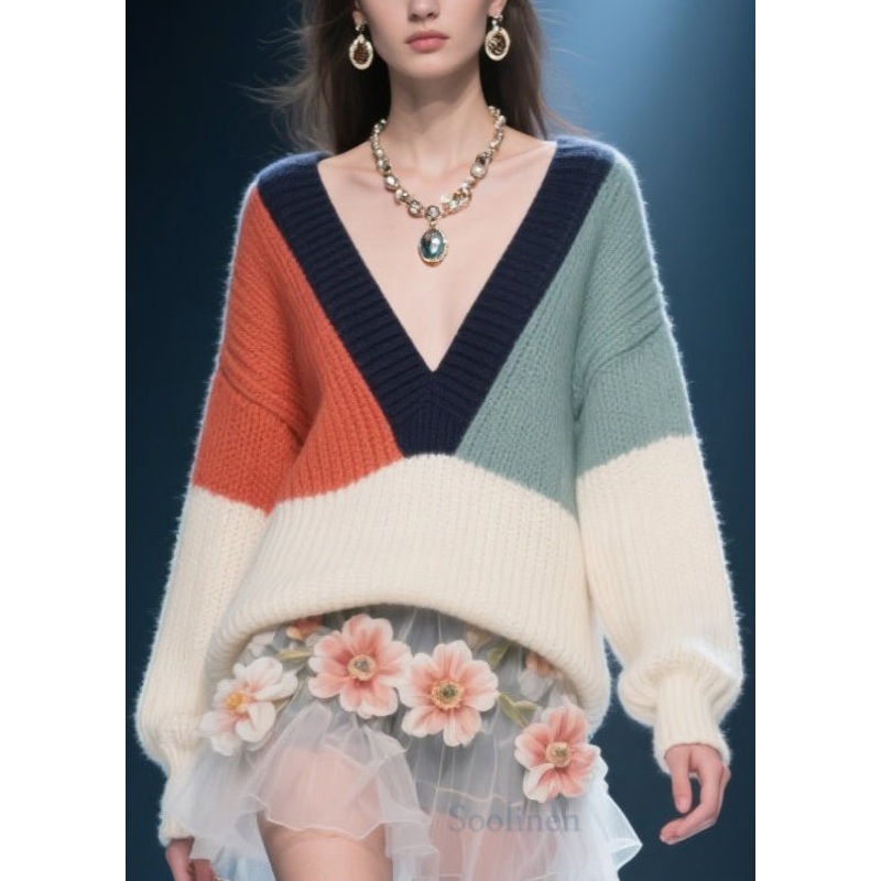 Classy Colorblock V Neck Knit Sweater Tops Winter