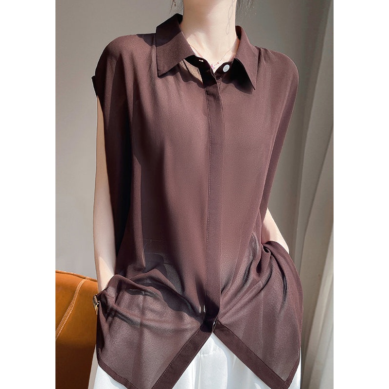 Coffee Lace Up Solid Chiffon Blouses Peter Pan Collar