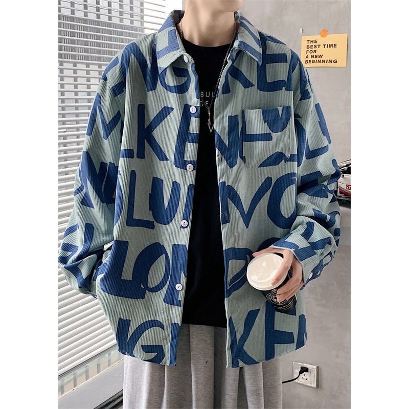Cool Blue Peter Pan Collar Graphic Corduroy Shirt Men Spring
