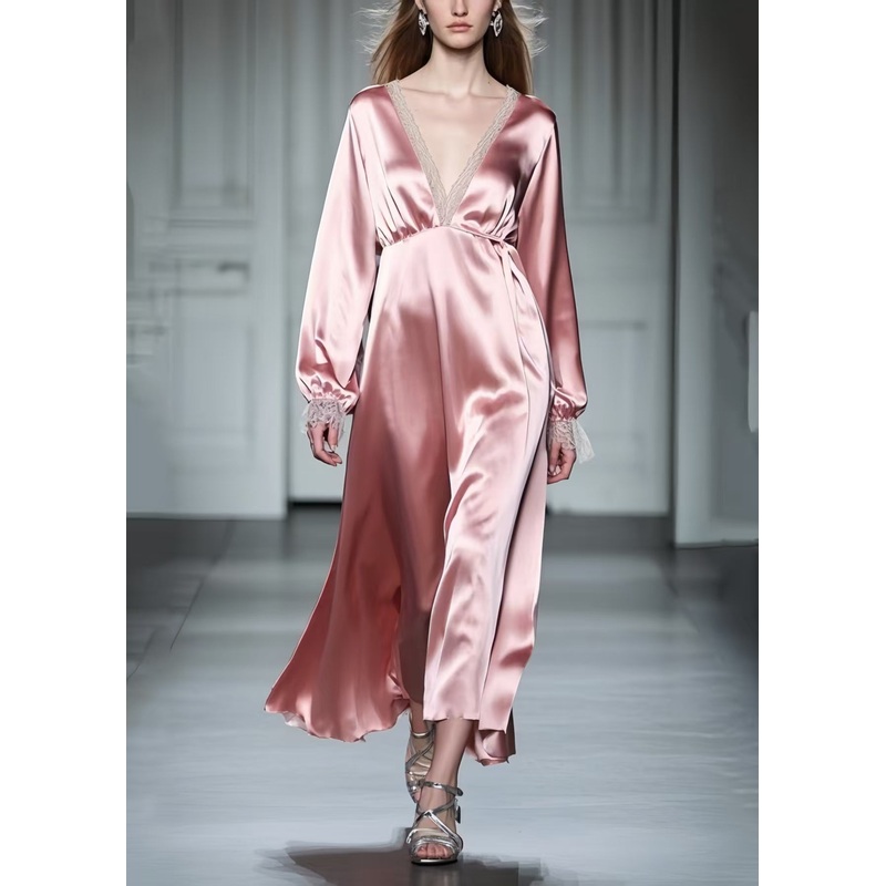 DIY Pink Lace Patchwork Draping Maxi Dresses Spring