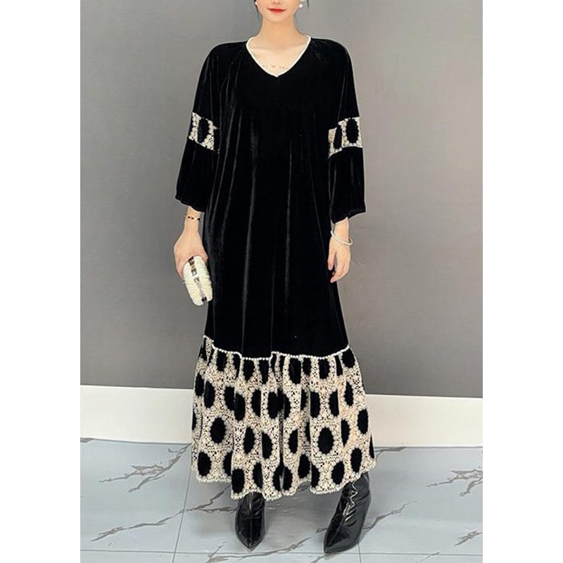 Elegant Black V Neck Patchwork Holiday Long Dress Fall